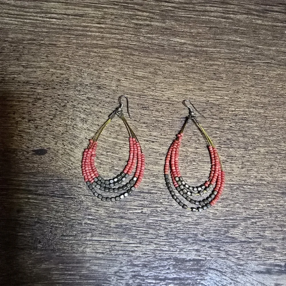 Boho beaded red and gray dangling earrings